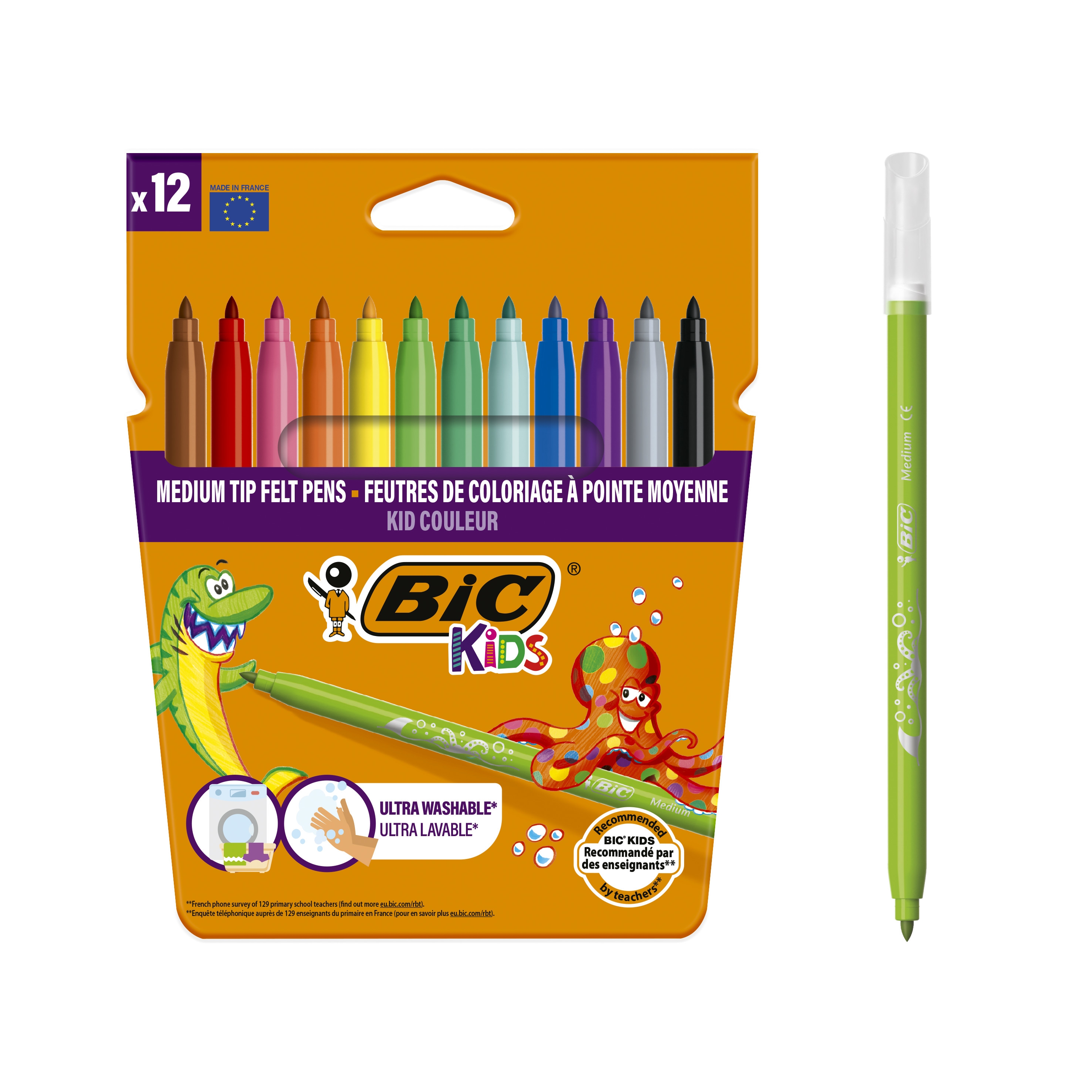 BIC Kids Kid Couleur Feutres de coloriage Pointe moyenne - Couleurs assorties | Etui de 12